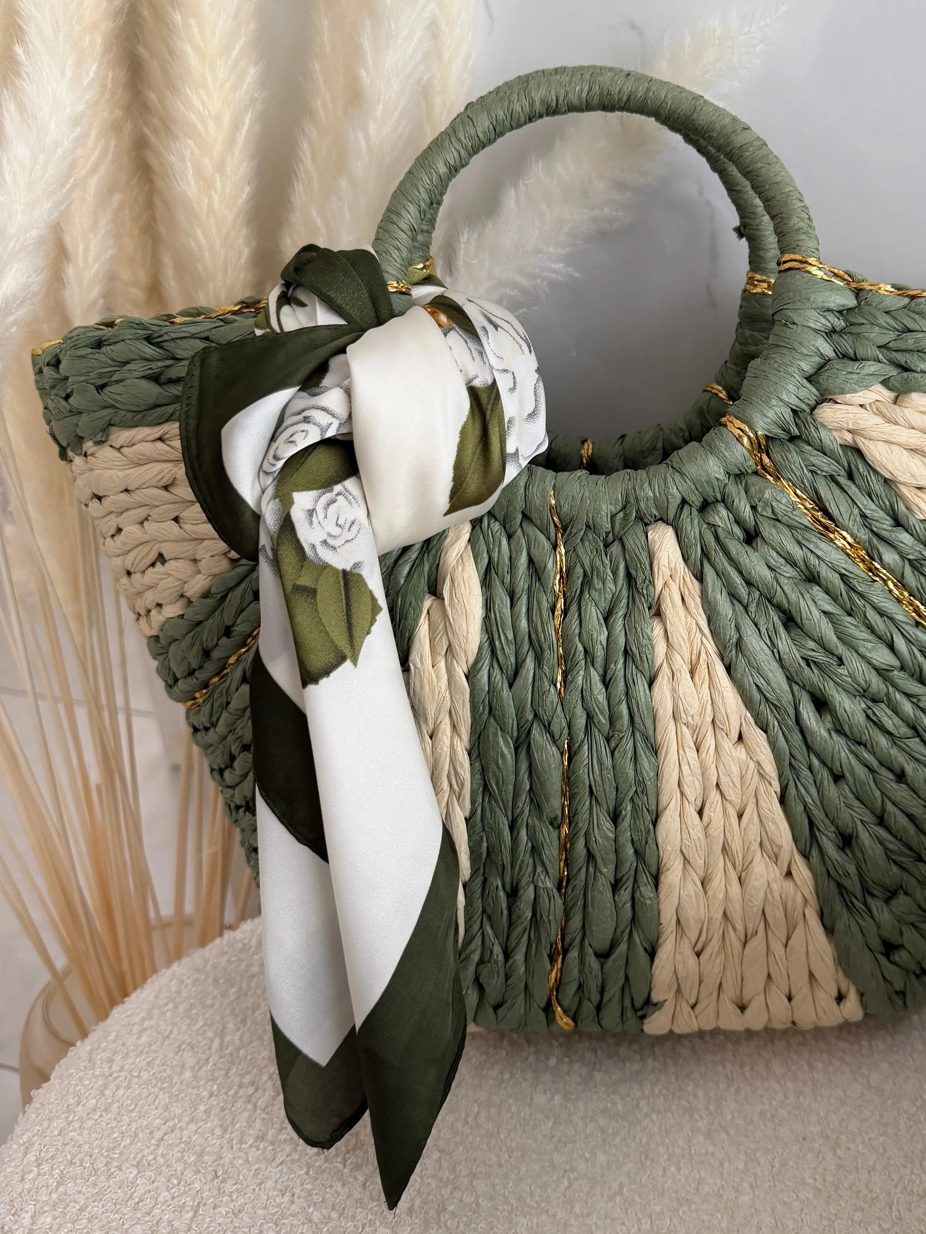 Sac à main bohème tressé Kaki – Éclat doré